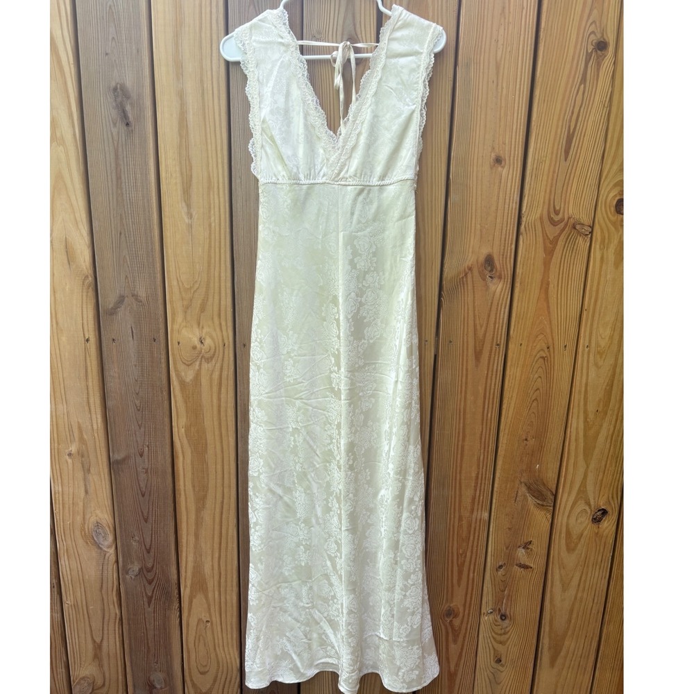 Ivory Satin Slip Dress Womens M Lace Trim Midi Minimalist Model Off Duty Chic - Picture 5 of 7